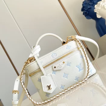 ルイヴィトンコピー精緻な刺繍が施されたホワイト&ブルーのヴァニティケース M12427
